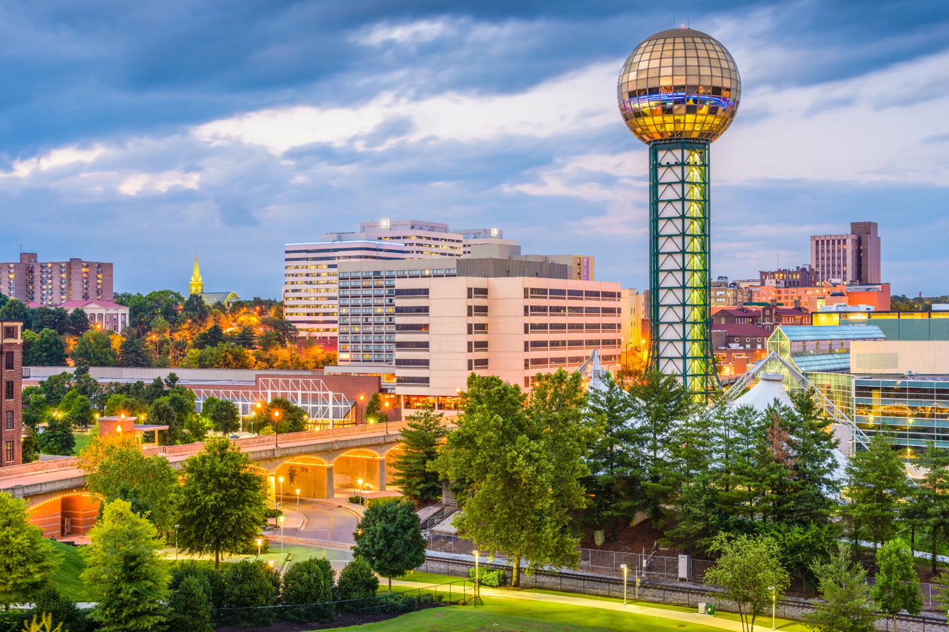 Downtown Knoxville, Tennessee skyline with the Sunsphere at dusk